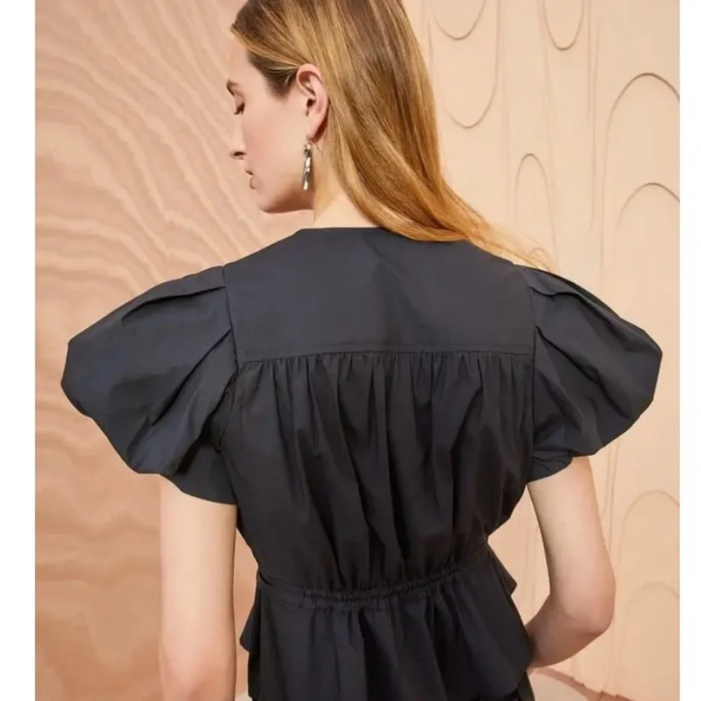 Ulla Johnson Black Puff-Sleeve Drawstring Peplum Top - Picture 2 of 4